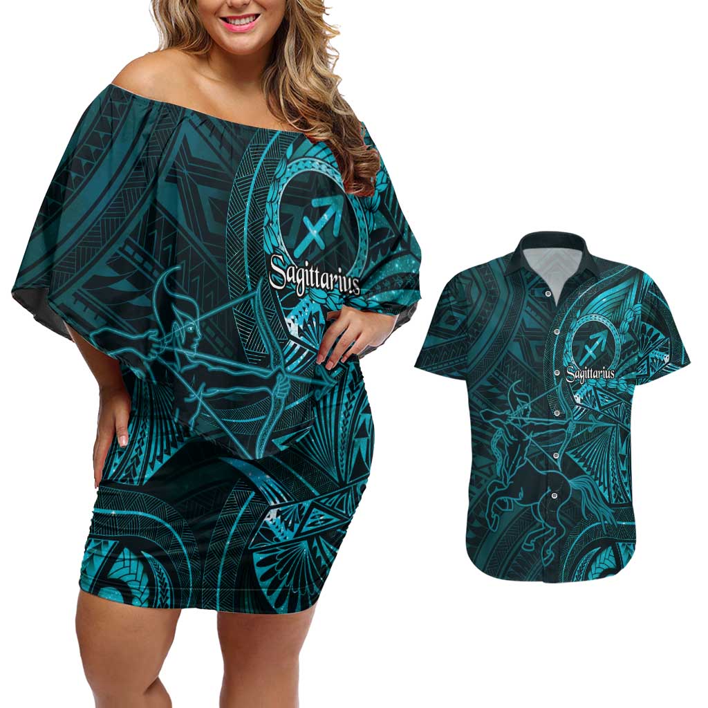 Personalised Polynesia Zodiac Sagittarius Couples Matching Off Shoulder Short Dress and Hawaiian Shirt Galaxy Polynesian Pattern Chest Tattoo Style LT14 Cyan - Polynesian Pride