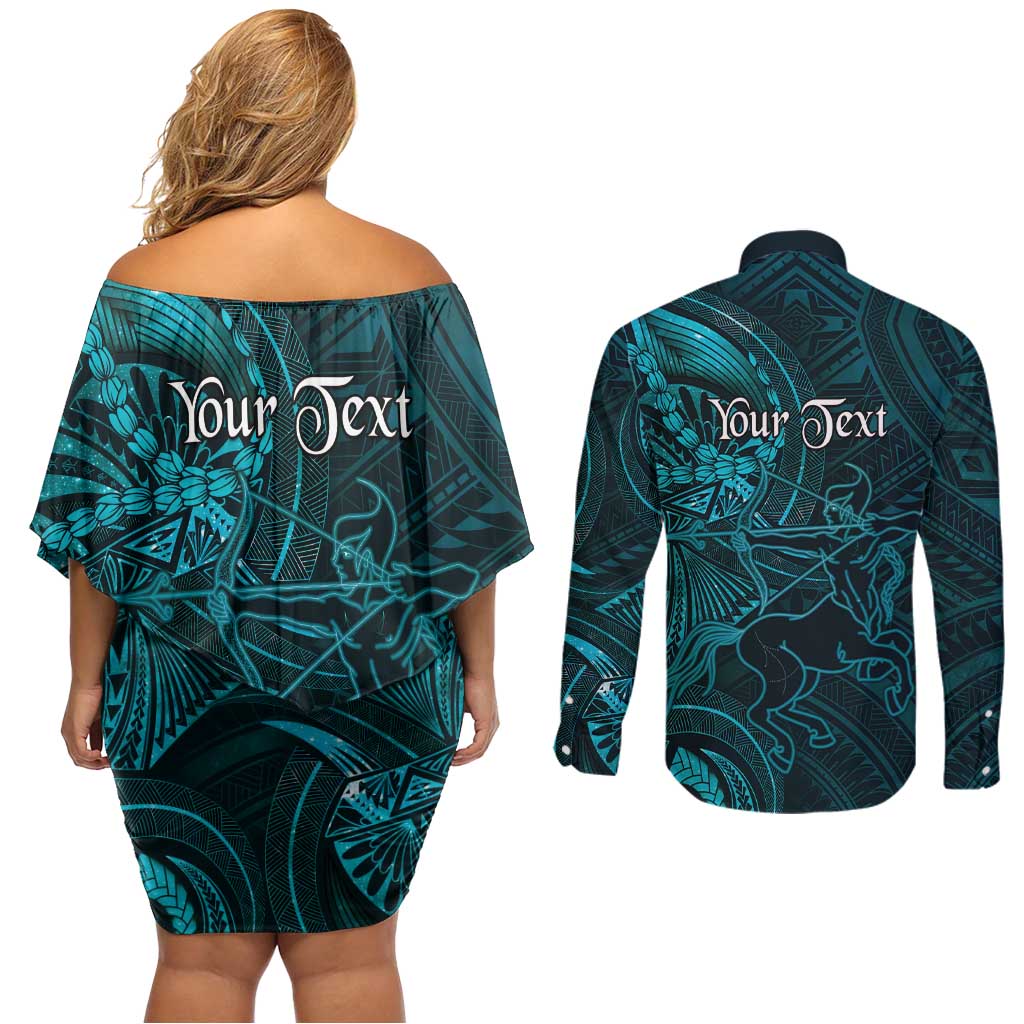 Personalised Polynesia Zodiac Sagittarius Couples Matching Off Shoulder Short Dress and Long Sleeve Button Shirt Galaxy Polynesian Pattern Chest Tattoo Style LT14 - Polynesian Pride