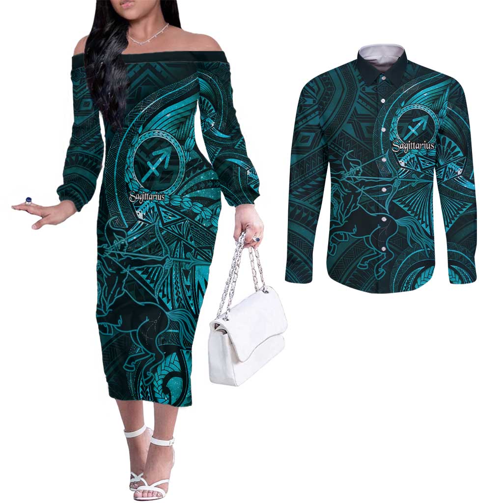 Personalised Polynesia Zodiac Sagittarius Couples Matching Off The Shoulder Long Sleeve Dress and Long Sleeve Button Shirt Galaxy Polynesian Pattern Chest Tattoo Style LT14 Cyan - Polynesian Pride