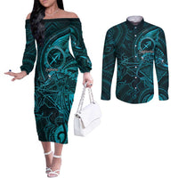 Personalised Polynesia Zodiac Sagittarius Couples Matching Off The Shoulder Long Sleeve Dress and Long Sleeve Button Shirt Galaxy Polynesian Pattern Chest Tattoo Style LT14 Cyan - Polynesian Pride