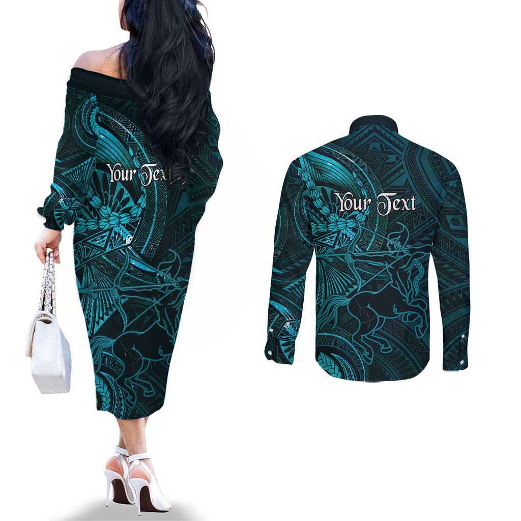 Personalised Polynesia Zodiac Sagittarius Couples Matching Off The Shoulder Long Sleeve Dress and Long Sleeve Button Shirt Galaxy Polynesian Pattern Chest Tattoo Style LT14 - Polynesian Pride