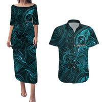 Personalised Polynesia Zodiac Sagittarius Couples Matching Puletasi and Hawaiian Shirt Galaxy Polynesian Pattern Chest Tattoo Style LT14 Cyan - Polynesian Pride