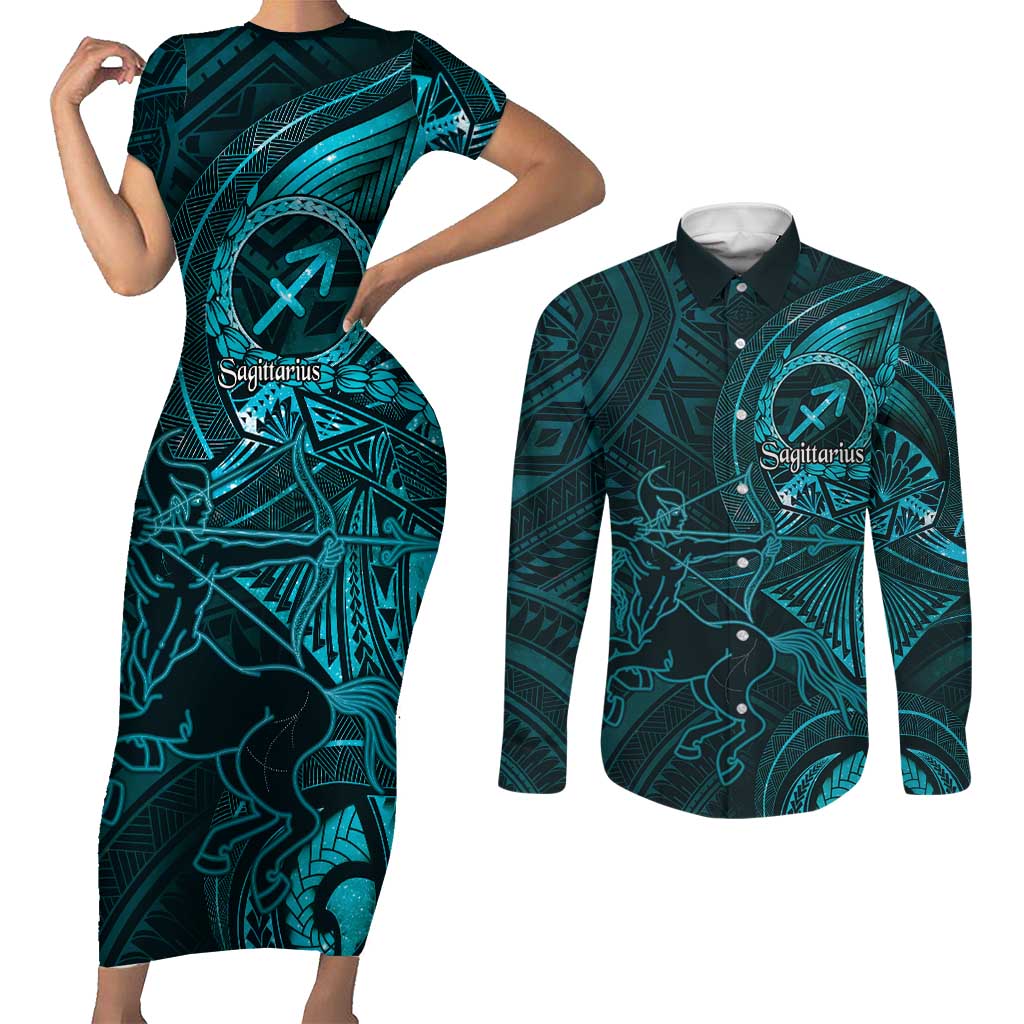 Personalised Polynesia Zodiac Sagittarius Couples Matching Short Sleeve Bodycon Dress and Long Sleeve Button Shirt Galaxy Polynesian Pattern Chest Tattoo Style LT14 Cyan - Polynesian Pride