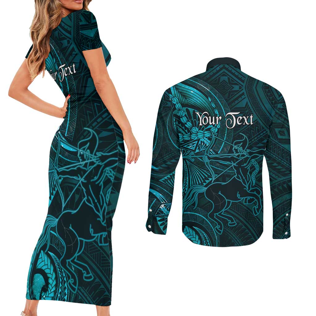 Personalised Polynesia Zodiac Sagittarius Couples Matching Short Sleeve Bodycon Dress and Long Sleeve Button Shirt Galaxy Polynesian Pattern Chest Tattoo Style LT14 - Polynesian Pride