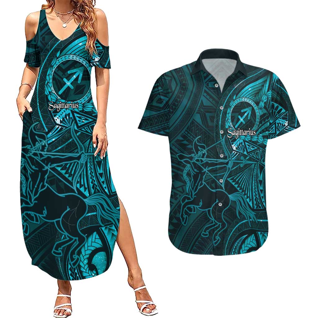 Personalised Polynesia Zodiac Sagittarius Couples Matching Summer Maxi Dress and Hawaiian Shirt Galaxy Polynesian Pattern Chest Tattoo Style LT14 Cyan - Polynesian Pride