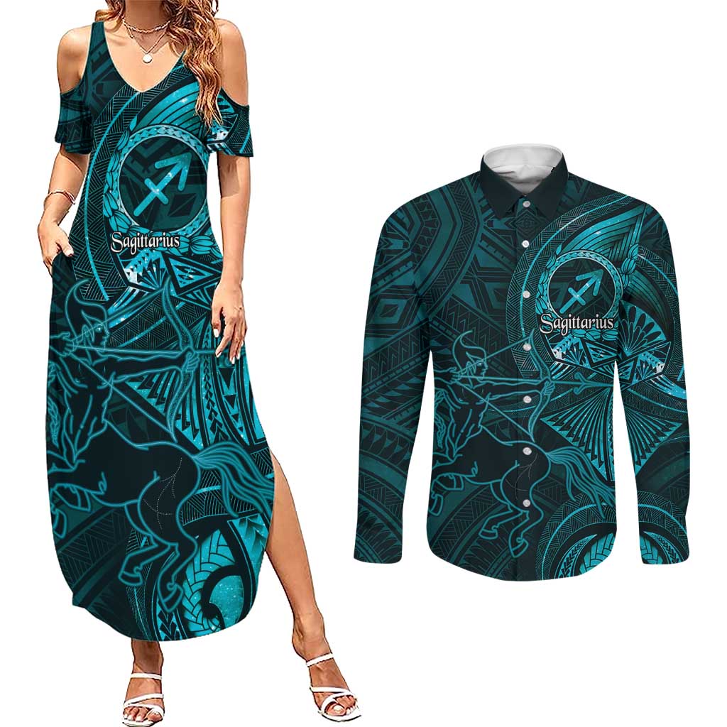 Personalised Polynesia Zodiac Sagittarius Couples Matching Summer Maxi Dress and Long Sleeve Button Shirt Galaxy Polynesian Pattern Chest Tattoo Style LT14 Cyan - Polynesian Pride