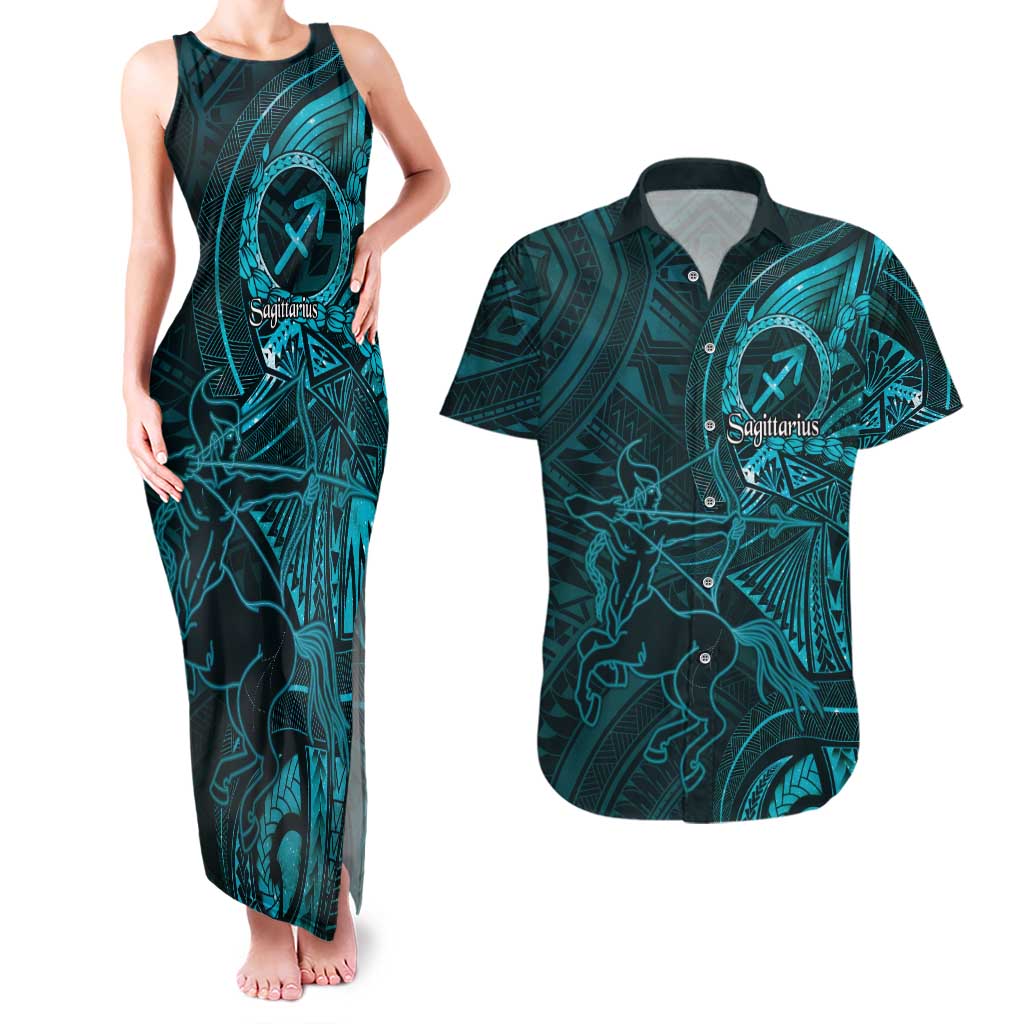 Personalised Polynesia Zodiac Sagittarius Couples Matching Tank Maxi Dress and Hawaiian Shirt Galaxy Polynesian Pattern Chest Tattoo Style LT14 Cyan - Polynesian Pride