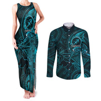 Personalised Polynesia Zodiac Sagittarius Couples Matching Tank Maxi Dress and Long Sleeve Button Shirt Galaxy Polynesian Pattern Chest Tattoo Style LT14 Cyan - Polynesian Pride