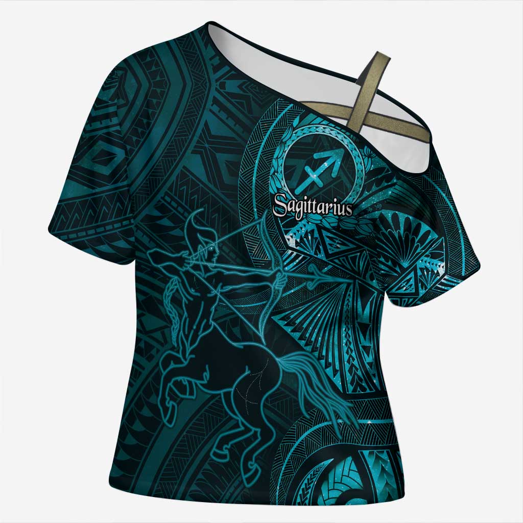Personalised Polynesia Zodiac Sagittarius Cross Shoulder Shirt Galaxy Polynesian Pattern Chest Tattoo Style LT14 Female Cyan - Polynesian Pride