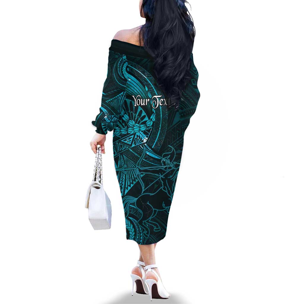 Personalised Polynesia Zodiac Sagittarius Family Matching Off The Shoulder Long Sleeve Dress and Hawaiian Shirt Galaxy Polynesian Pattern Chest Tattoo Style