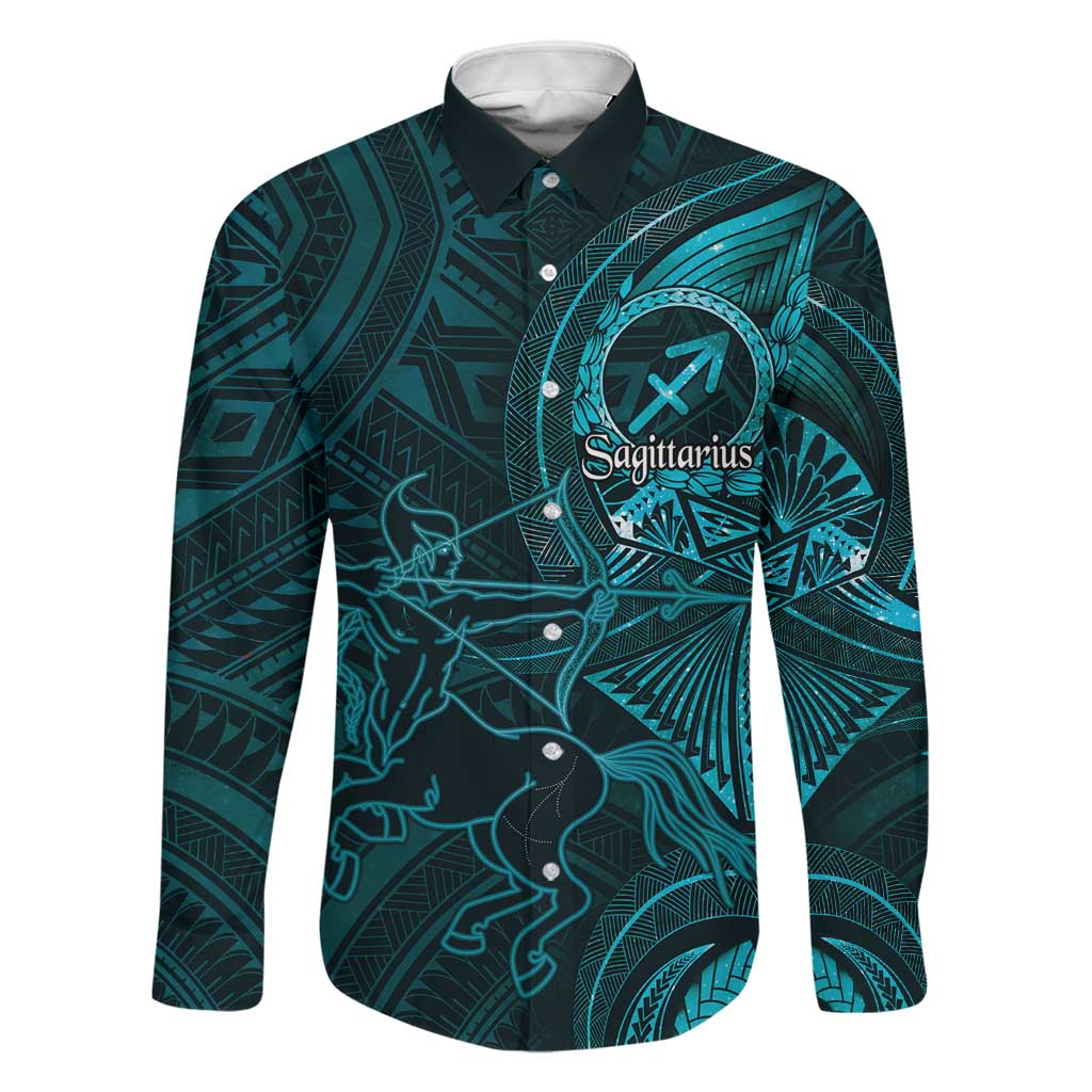 Personalised Polynesia Zodiac Sagittarius Family Matching Puletasi and Hawaiian Shirt Galaxy Polynesian Pattern Chest Tattoo Style LT14 Dad's Shirt - Long Sleeve Cyan - Polynesian Pride
