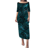 Personalised Polynesia Zodiac Sagittarius Family Matching Puletasi and Hawaiian Shirt Galaxy Polynesian Pattern Chest Tattoo Style LT14 Mom's Dress Cyan - Polynesian Pride