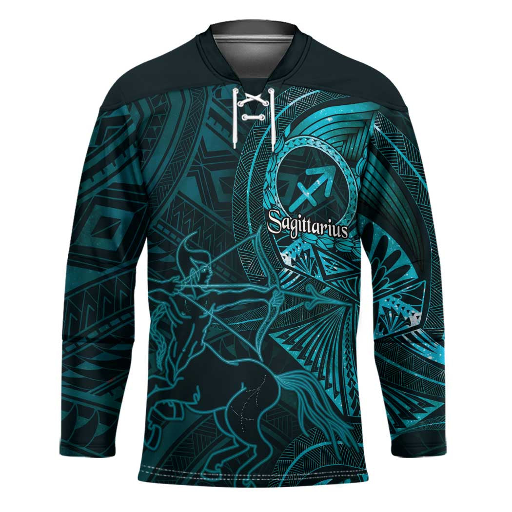 Personalised Polynesia Zodiac Sagittarius Hockey Jersey Galaxy Polynesian Pattern Chest Tattoo Style LT14 Unisex Cyan - Polynesian Pride