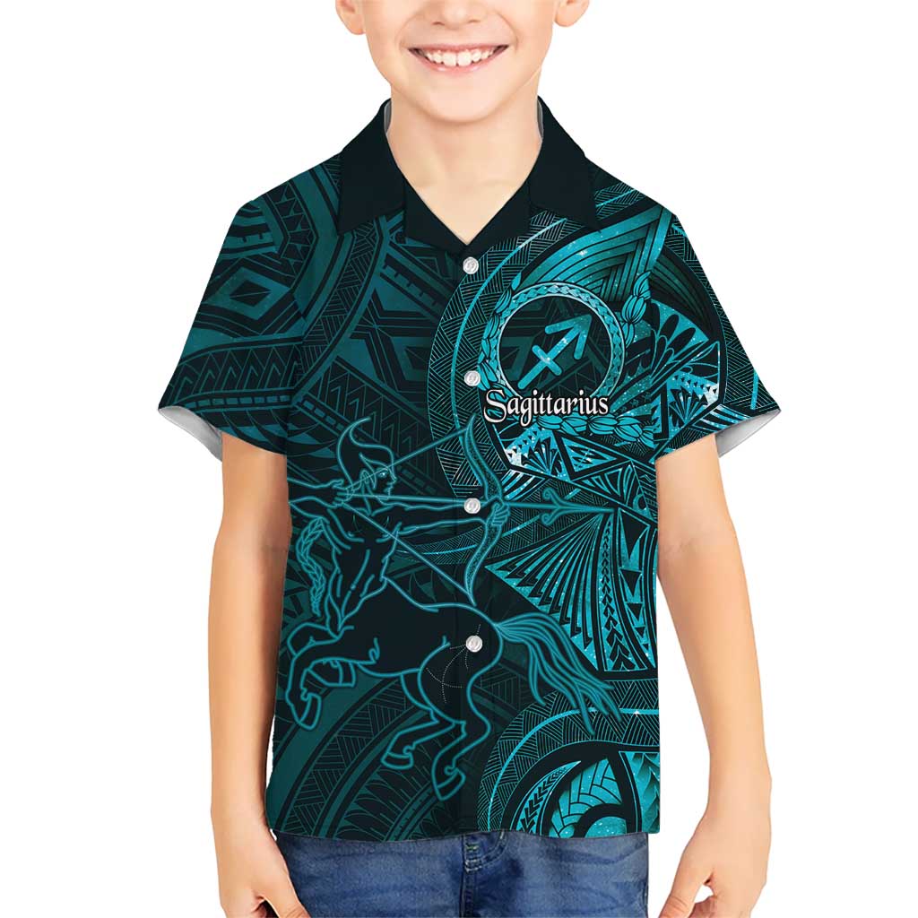 Personalised Polynesia Zodiac Sagittarius Kid Hawaiian Shirt Galaxy Polynesian Pattern Chest Tattoo Style LT14 Kid Cyan - Polynesian Pride