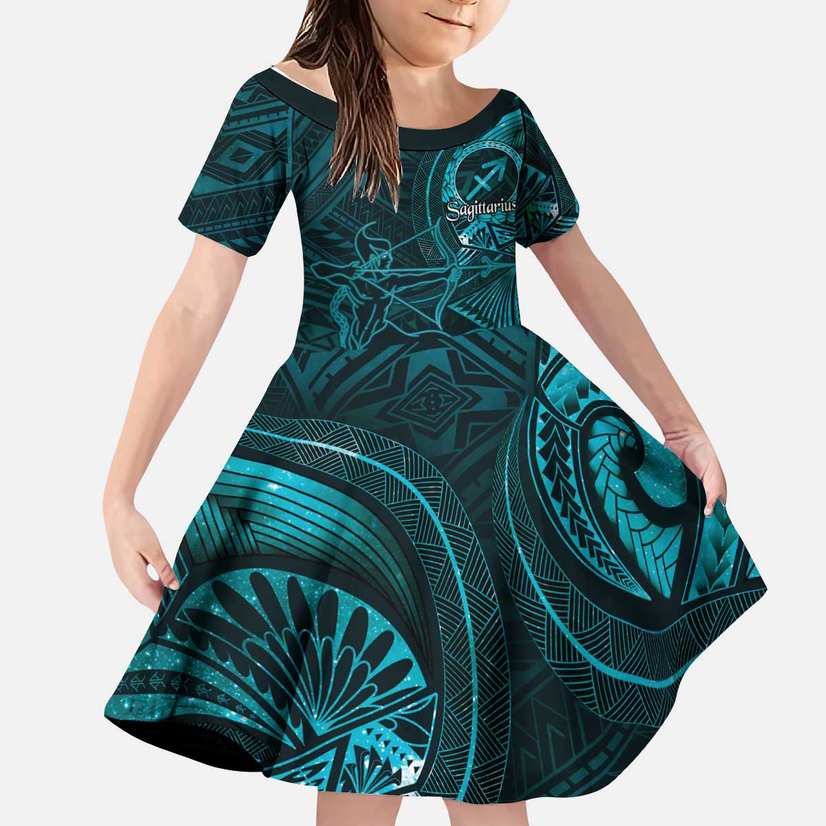 Personalised Polynesia Zodiac Sagittarius Kid Short Sleeve Dress Galaxy Polynesian Pattern Chest Tattoo Style LT14 KID Cyan - Polynesian Pride