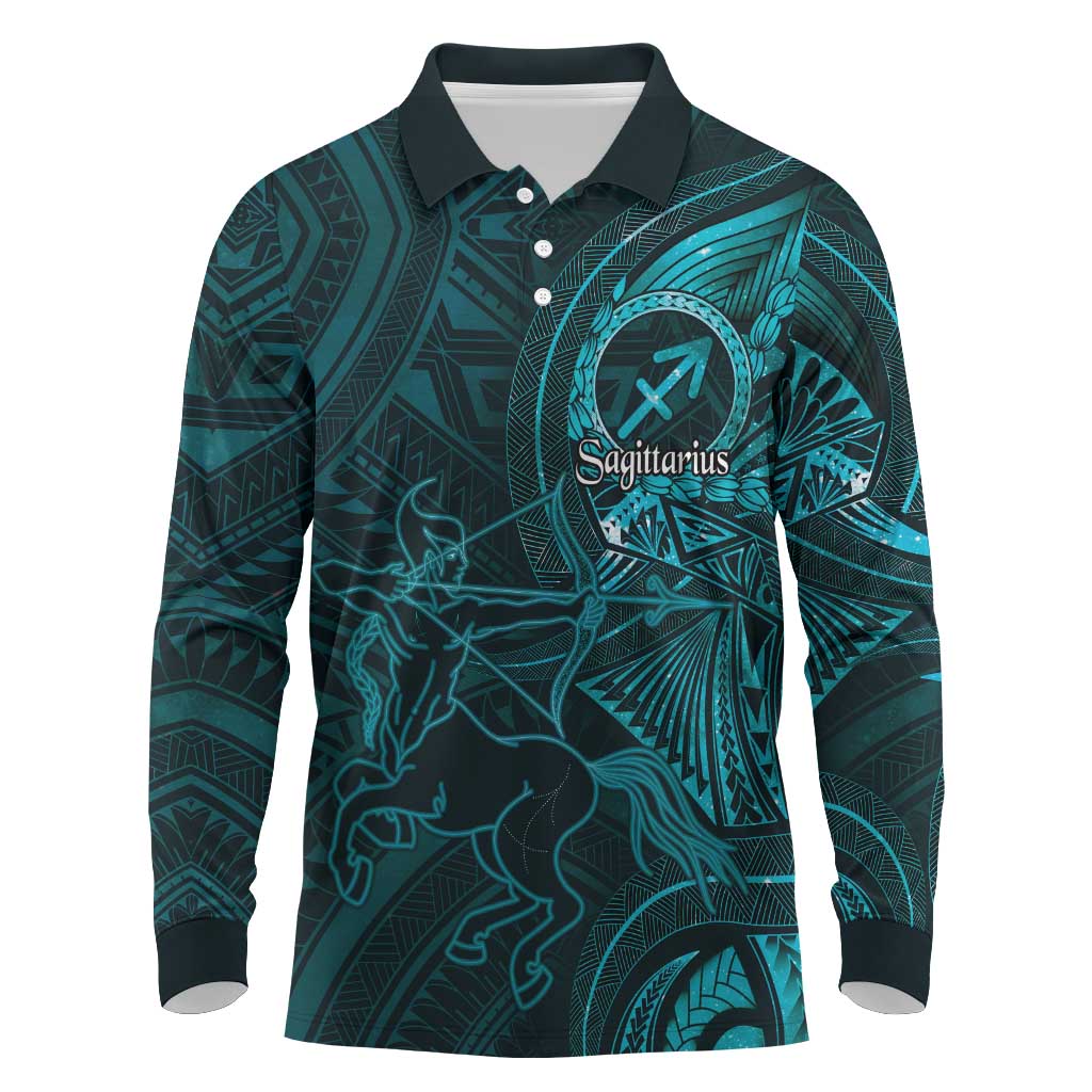 Personalised Polynesia Zodiac Sagittarius Long Sleeve Polo Shirt Galaxy Polynesian Pattern Chest Tattoo Style LT14 Cyan - Polynesian Pride