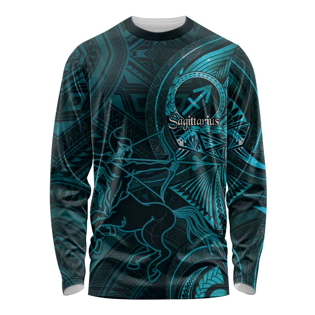Personalised Polynesia Zodiac Sagittarius Long Sleeve Shirt Galaxy Polynesian Pattern Chest Tattoo Style LT14 Unisex Cyan - Polynesian Pride