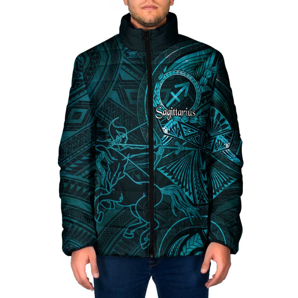 Personalised Polynesia Zodiac Sagittarius Padded Jacket Galaxy Polynesian Pattern Chest Tattoo Style LT14 Men Cyan - Polynesian Pride