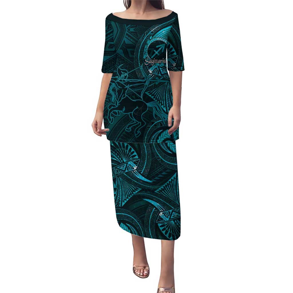 Personalised Polynesia Zodiac Sagittarius Puletasi Galaxy Polynesian Pattern Chest Tattoo Style LT14 Long Dress Cyan - Polynesian Pride
