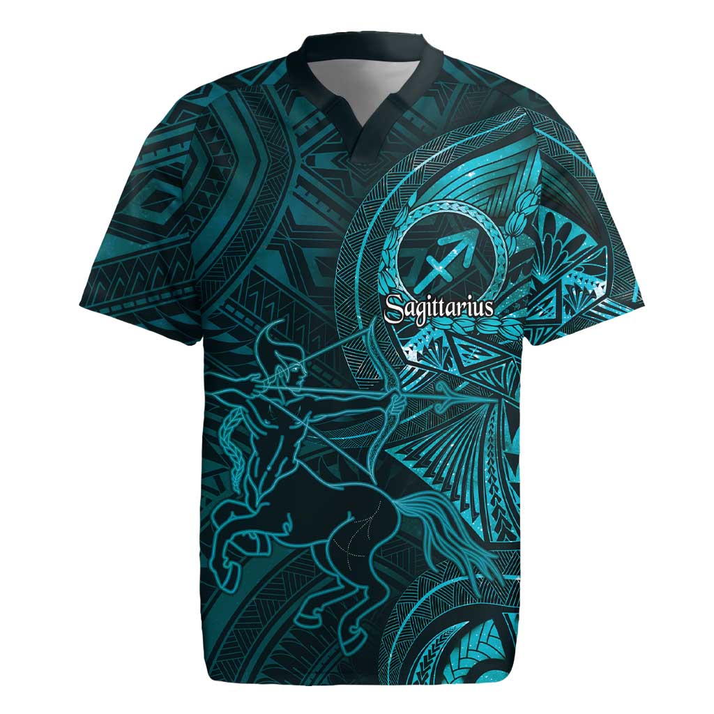 Personalised Polynesia Zodiac Sagittarius Rugby Jersey Galaxy Polynesian Pattern Chest Tattoo Style LT14 Cyan - Polynesian Pride