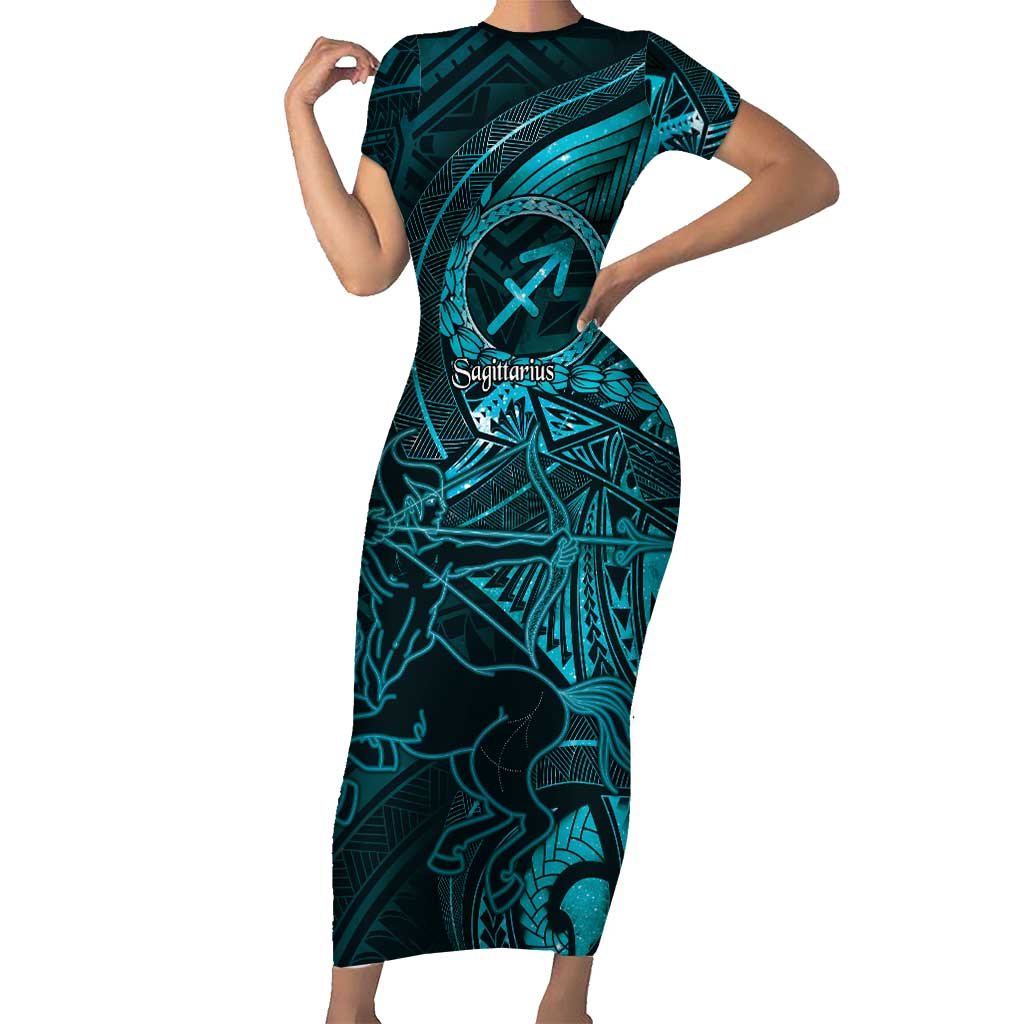 Personalised Polynesia Zodiac Sagittarius Short Sleeve Bodycon Dress Galaxy Polynesian Pattern Chest Tattoo Style LT14 Long Dress Cyan - Polynesian Pride