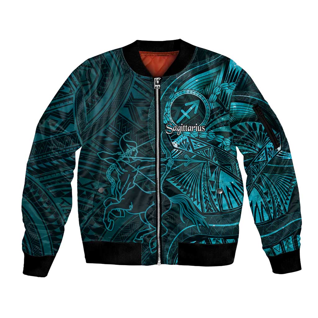 Personalised Polynesia Zodiac Sagittarius Sleeve Zip Bomber Jacket Galaxy Polynesian Pattern Chest Tattoo Style LT14 Unisex Cyan - Polynesian Pride