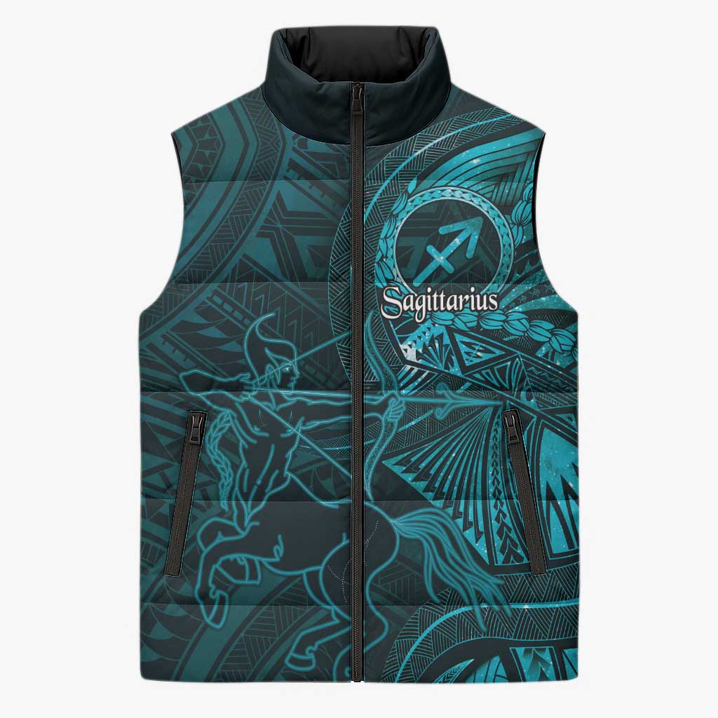 Personalised Polynesia Zodiac Sagittarius Sleeveless Puffer Jacket Galaxy Polynesian Pattern Chest Tattoo Style LT14 Unisex Cyan - Polynesian Pride