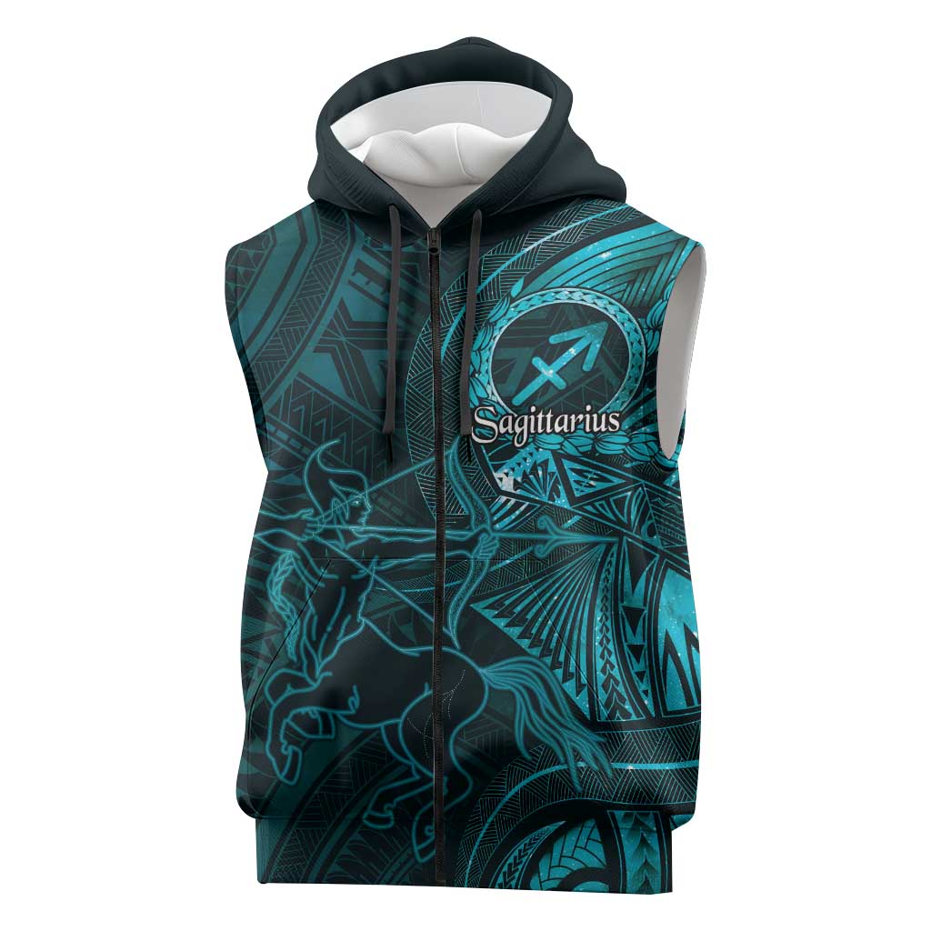 Personalised Polynesia Zodiac Sagittarius Sleeveless Zip Hoodie Galaxy Polynesian Pattern Chest Tattoo Style LT14 Cyan - Polynesian Pride