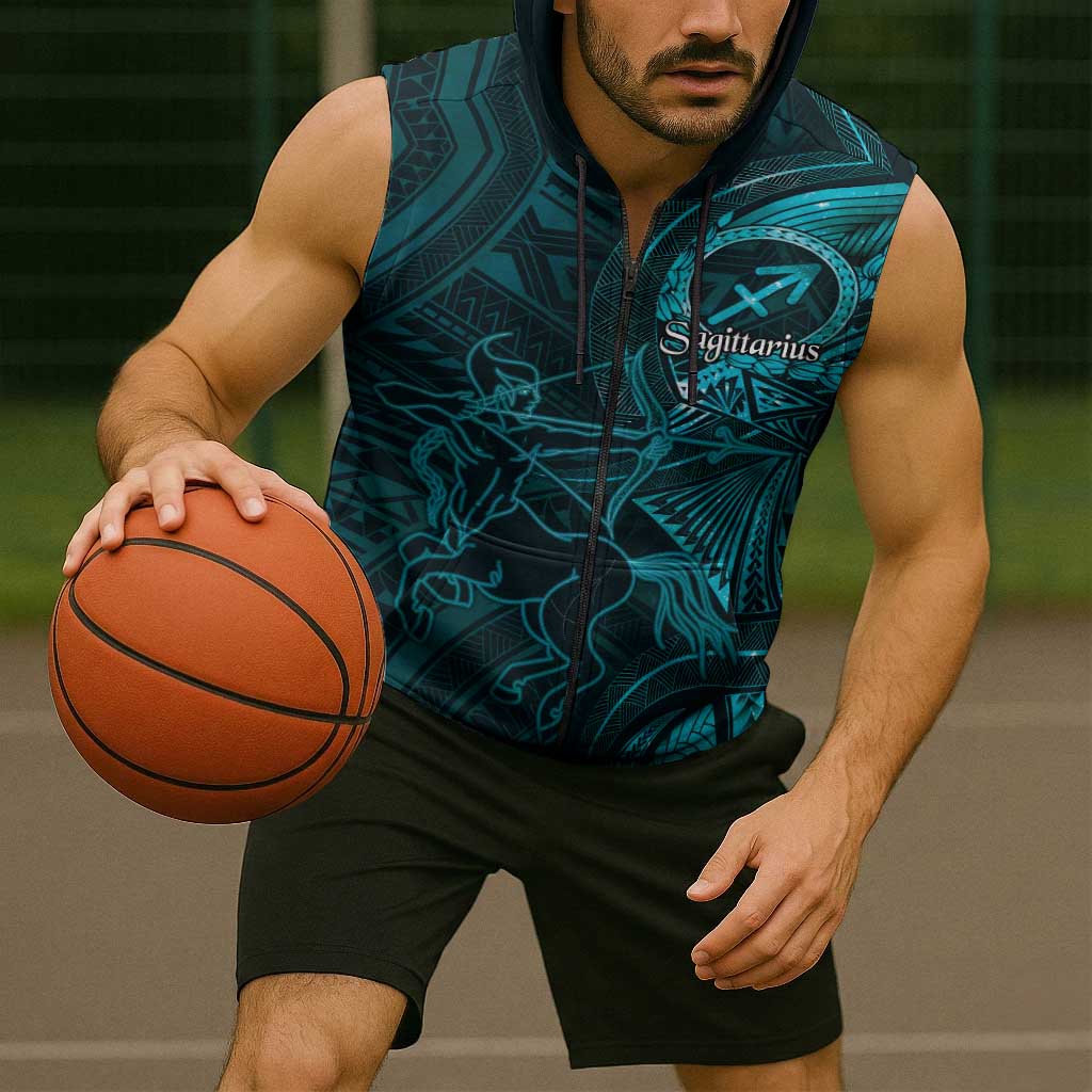 Personalised Polynesia Zodiac Sagittarius Sleeveless Zip Hoodie Galaxy Polynesian Pattern Chest Tattoo Style LT14 - Polynesian Pride