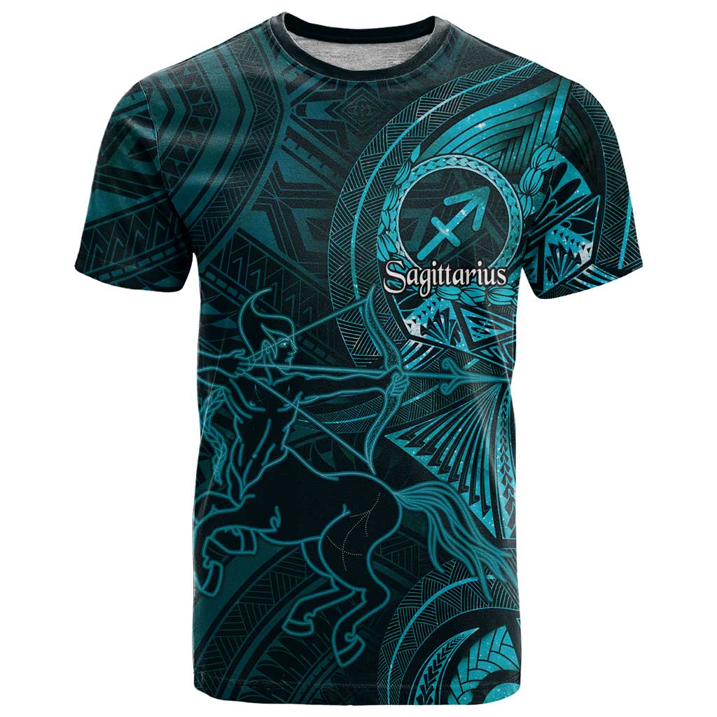 Personalised Polynesia Zodiac Sagittarius T Shirt Galaxy Polynesian Pattern Chest Tattoo Style LT14 Cyan - Polynesian Pride