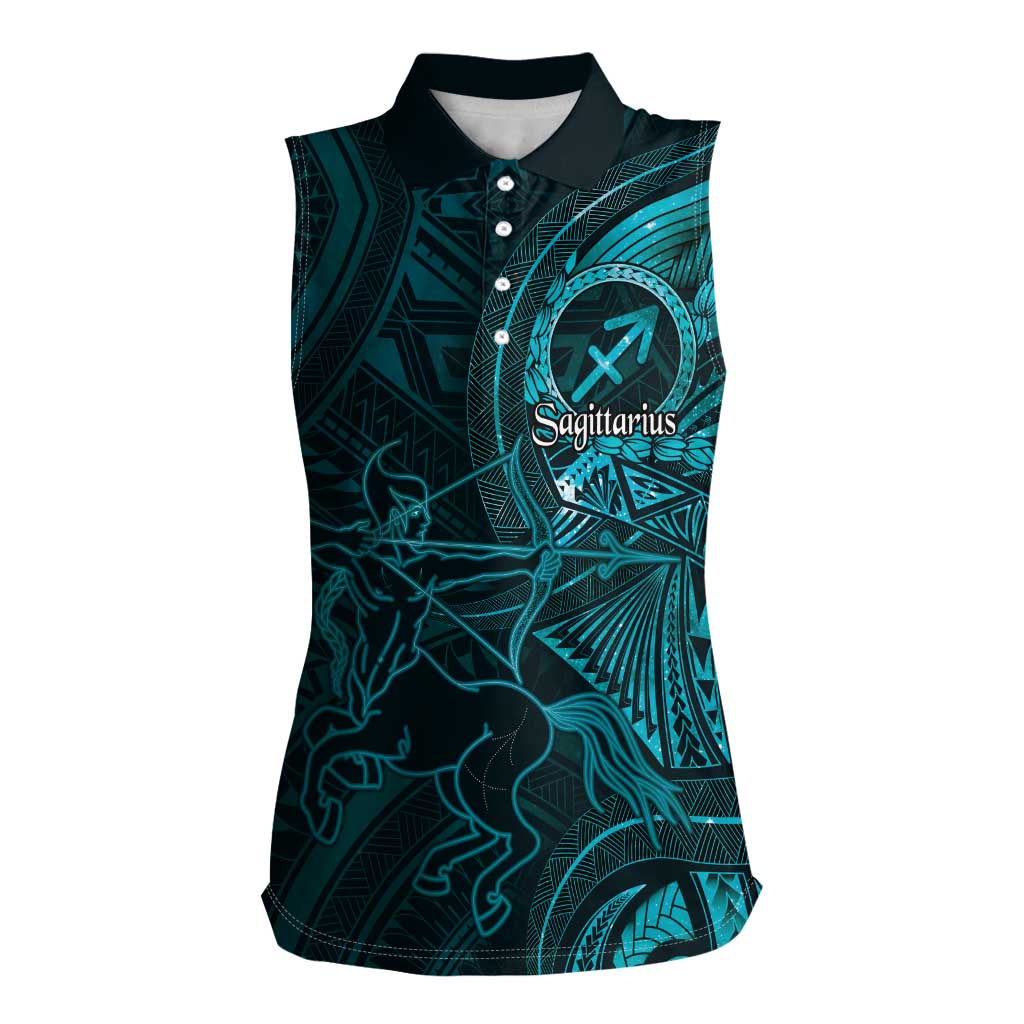 Personalised Polynesia Zodiac Sagittarius Women Sleeveless Polo Shirt Galaxy Polynesian Pattern Chest Tattoo Style LT14 Female Cyan - Polynesian Pride