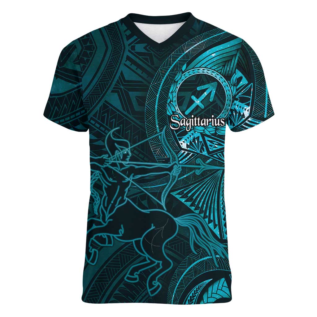 Personalised Polynesia Zodiac Sagittarius Women V-Neck T-Shirt Galaxy Polynesian Pattern Chest Tattoo Style LT14 Female Cyan - Polynesian Pride