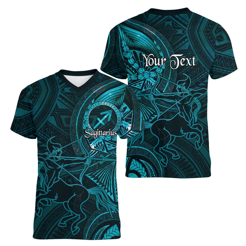 Personalised Polynesia Zodiac Sagittarius Women V-Neck T-Shirt Galaxy Polynesian Pattern Chest Tattoo Style LT14 - Polynesian Pride