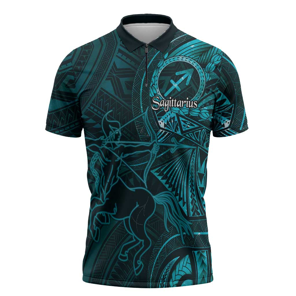 Personalised Polynesia Zodiac Sagittarius Zipper Polo Shirt Galaxy Polynesian Pattern Chest Tattoo Style LT14 Cyan - Polynesian Pride