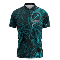 Personalised Polynesia Zodiac Sagittarius Zipper Polo Shirt Galaxy Polynesian Pattern Chest Tattoo Style LT14 Cyan - Polynesian Pride