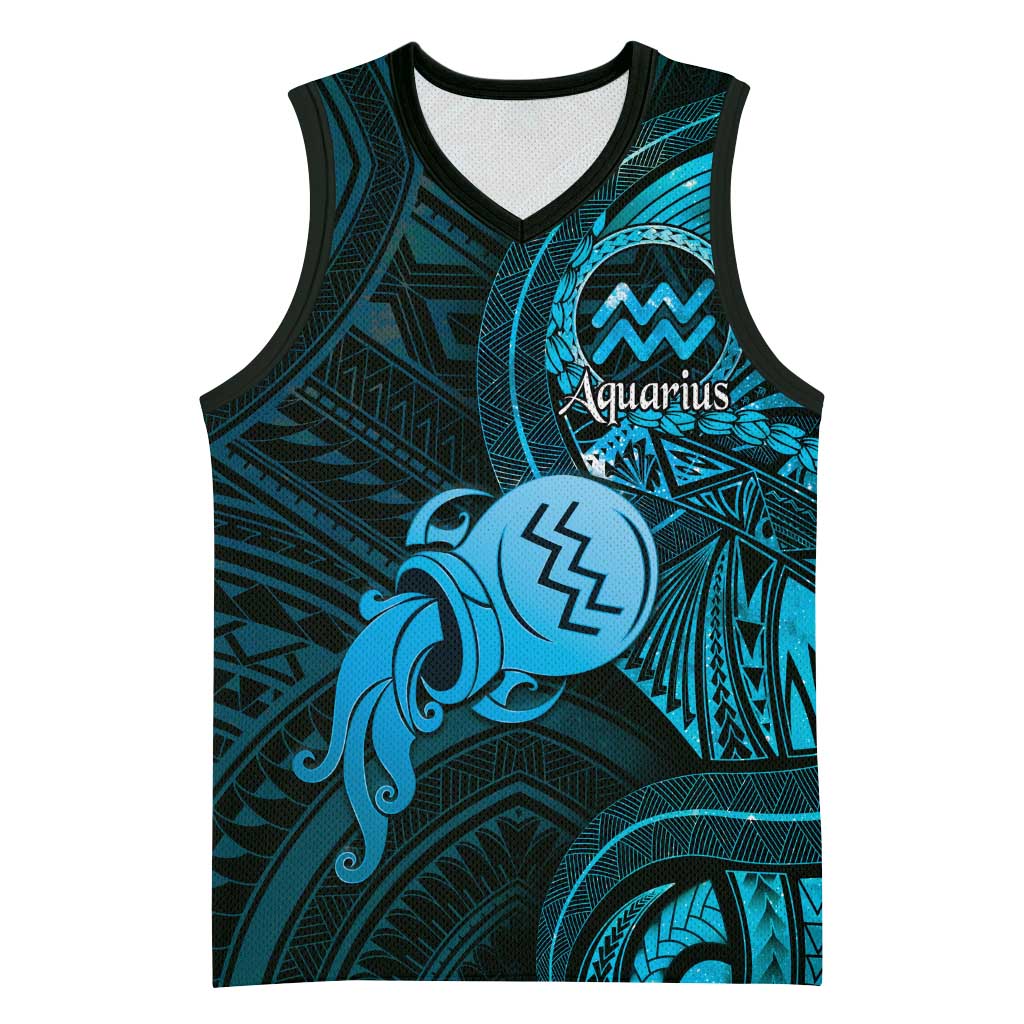 Personalised Polynesia Zodiac Aquarius Basketball Jersey Galaxy Polynesian Pattern Chest Tattoo Style LT14 Unisex Blue - Polynesian Pride