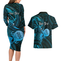 Personalised Polynesia Zodiac Aquarius Couples Matching Long Sleeve Bodycon Dress and Hawaiian Shirt Galaxy Polynesian Pattern Chest Tattoo Style