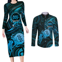 Personalised Polynesia Zodiac Aquarius Couples Matching Long Sleeve Bodycon Dress and Long Sleeve Button Shirt Galaxy Polynesian Pattern Chest Tattoo Style LT14 Blue - Polynesian Pride