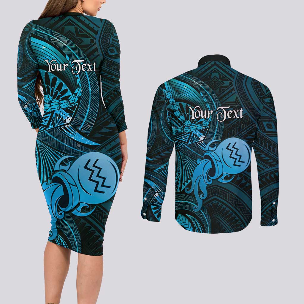 Personalised Polynesia Zodiac Aquarius Couples Matching Long Sleeve Bodycon Dress and Long Sleeve Button Shirt Galaxy Polynesian Pattern Chest Tattoo Style LT14 - Polynesian Pride