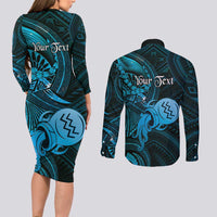 Personalised Polynesia Zodiac Aquarius Couples Matching Long Sleeve Bodycon Dress and Long Sleeve Button Shirt Galaxy Polynesian Pattern Chest Tattoo Style LT14 - Polynesian Pride
