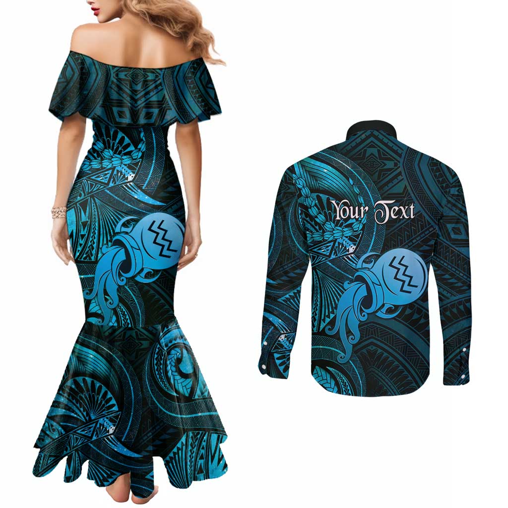 Personalised Polynesia Zodiac Aquarius Couples Matching Mermaid Dress and Long Sleeve Button Shirt Galaxy Polynesian Pattern Chest Tattoo Style LT14 - Polynesian Pride