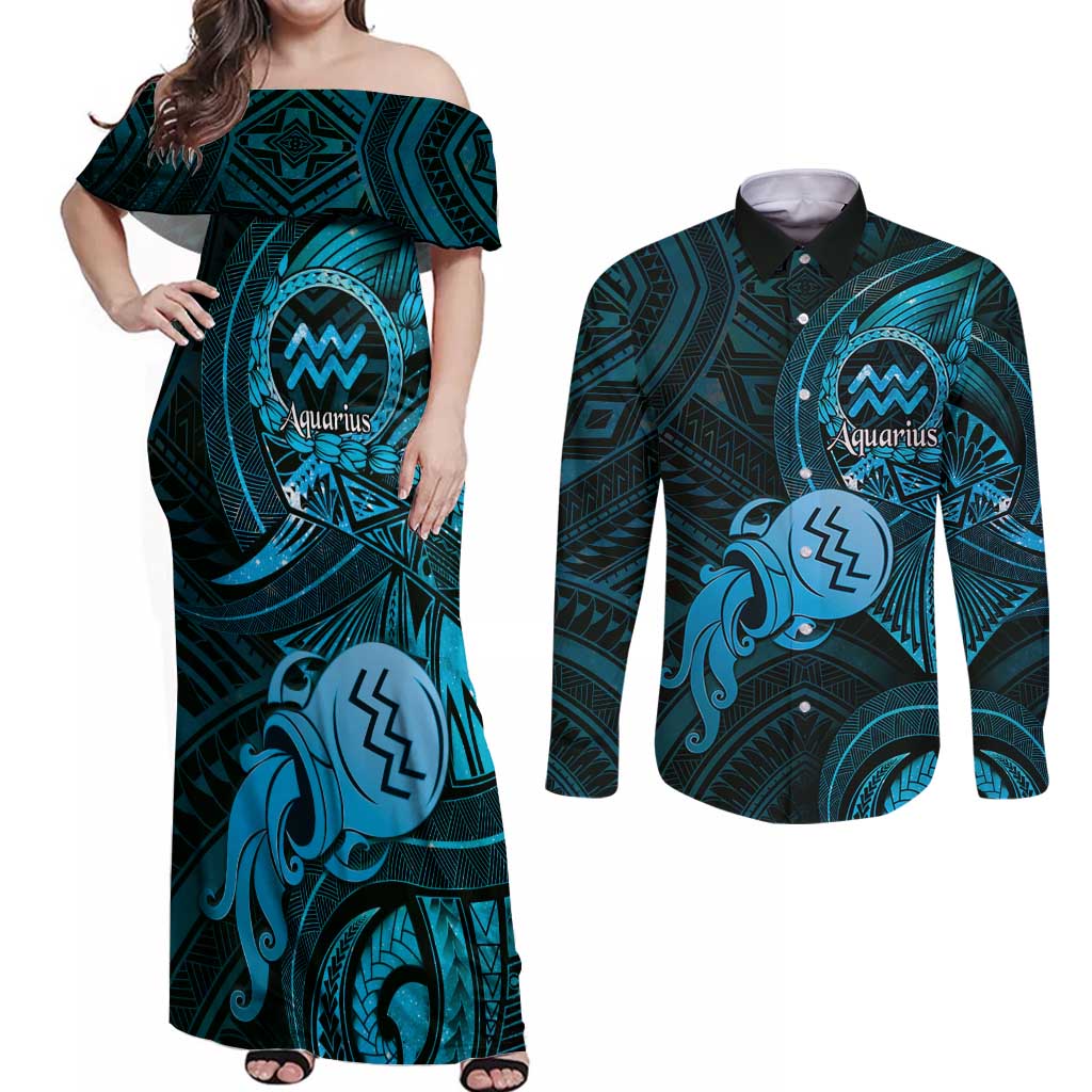 Personalised Polynesia Zodiac Aquarius Couples Matching Off Shoulder Maxi Dress and Long Sleeve Button Shirt Galaxy Polynesian Pattern Chest Tattoo Style LT14 Blue - Polynesian Pride