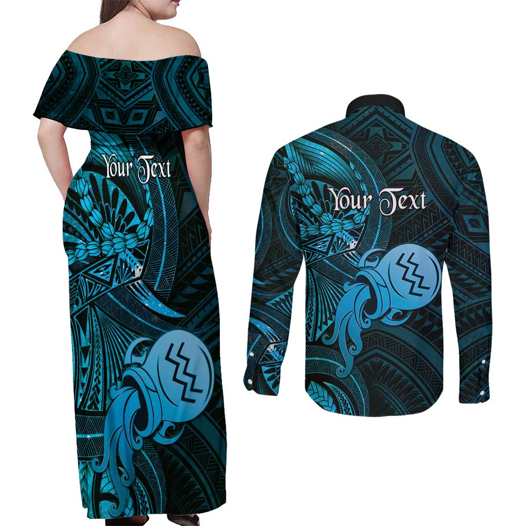 Personalised Polynesia Zodiac Aquarius Couples Matching Off Shoulder Maxi Dress and Long Sleeve Button Shirt Galaxy Polynesian Pattern Chest Tattoo Style LT14 - Polynesian Pride