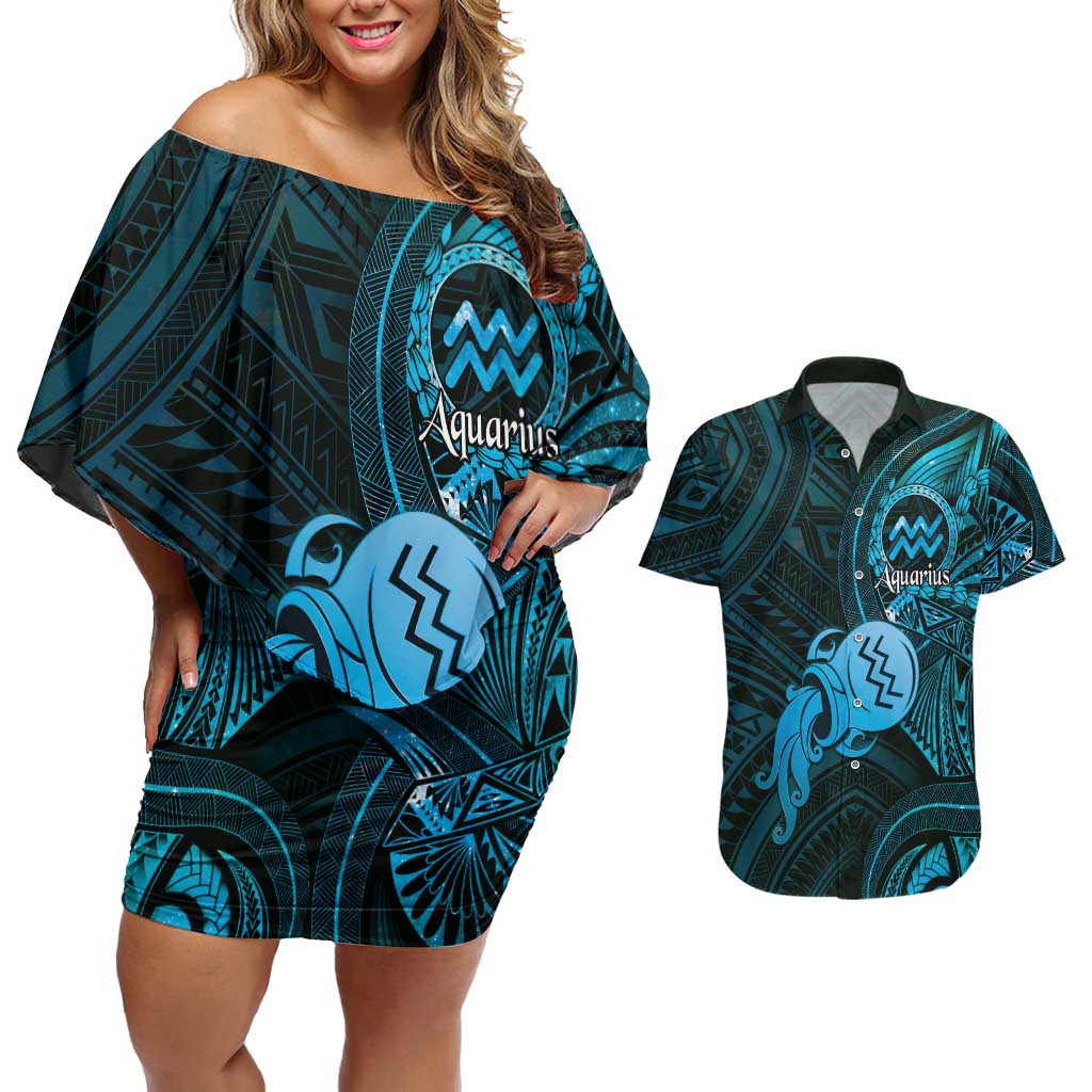 Personalised Polynesia Zodiac Aquarius Couples Matching Off Shoulder Short Dress and Hawaiian Shirt Galaxy Polynesian Pattern Chest Tattoo Style LT14 Blue - Polynesian Pride
