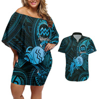 Personalised Polynesia Zodiac Aquarius Couples Matching Off Shoulder Short Dress and Hawaiian Shirt Galaxy Polynesian Pattern Chest Tattoo Style
