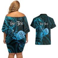 Personalised Polynesia Zodiac Aquarius Couples Matching Off Shoulder Short Dress and Hawaiian Shirt Galaxy Polynesian Pattern Chest Tattoo Style