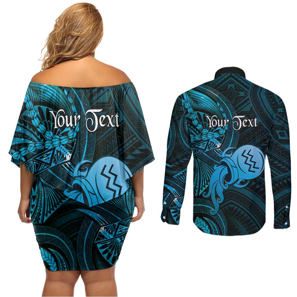Personalised Polynesia Zodiac Aquarius Couples Matching Off Shoulder Short Dress and Long Sleeve Button Shirt Galaxy Polynesian Pattern Chest Tattoo Style LT14 - Polynesian Pride