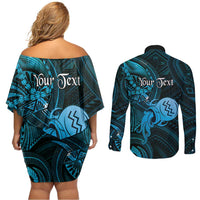 Personalised Polynesia Zodiac Aquarius Couples Matching Off Shoulder Short Dress and Long Sleeve Button Shirt Galaxy Polynesian Pattern Chest Tattoo Style LT14 - Polynesian Pride