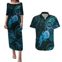 Personalised Polynesia Zodiac Aquarius Couples Matching Puletasi and Hawaiian Shirt Galaxy Polynesian Pattern Chest Tattoo Style LT14 Blue - Polynesian Pride