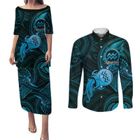 Personalised Polynesia Zodiac Aquarius Couples Matching Puletasi and Long Sleeve Button Shirt Galaxy Polynesian Pattern Chest Tattoo Style LT14 Blue - Polynesian Pride